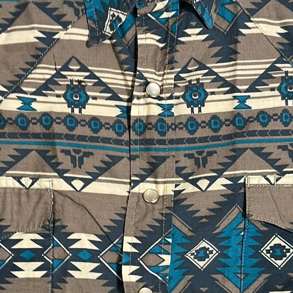 Roper Pearl Snap Short Sleeve Western Shirt Mens XL Blue Brown Aztec Print